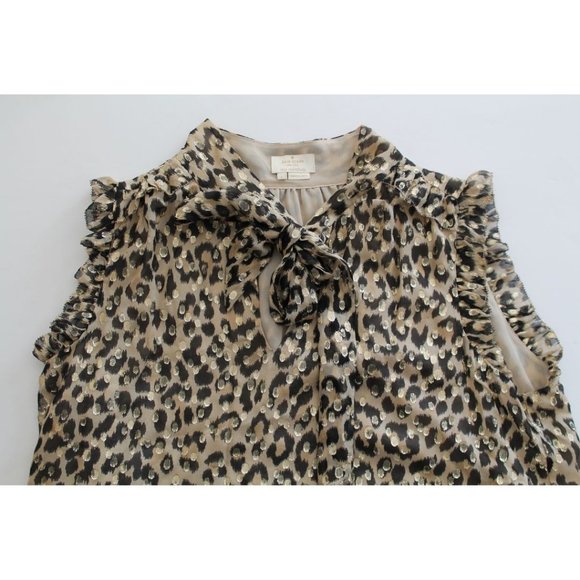Kate Spade Leopard Print Tie-neck Chiffon Top with Metallic Size Large Gold - Picture 6 of 8